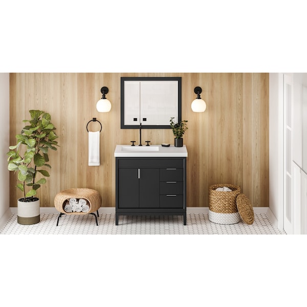Jeffrey Alexander 36In. Blk Theodora Vanity, Left Offset, Lavante Cultured Mrbl Vessel Vanity Top, Intgrtd Rctngl Bowl VKITTHE36BKLAR - main